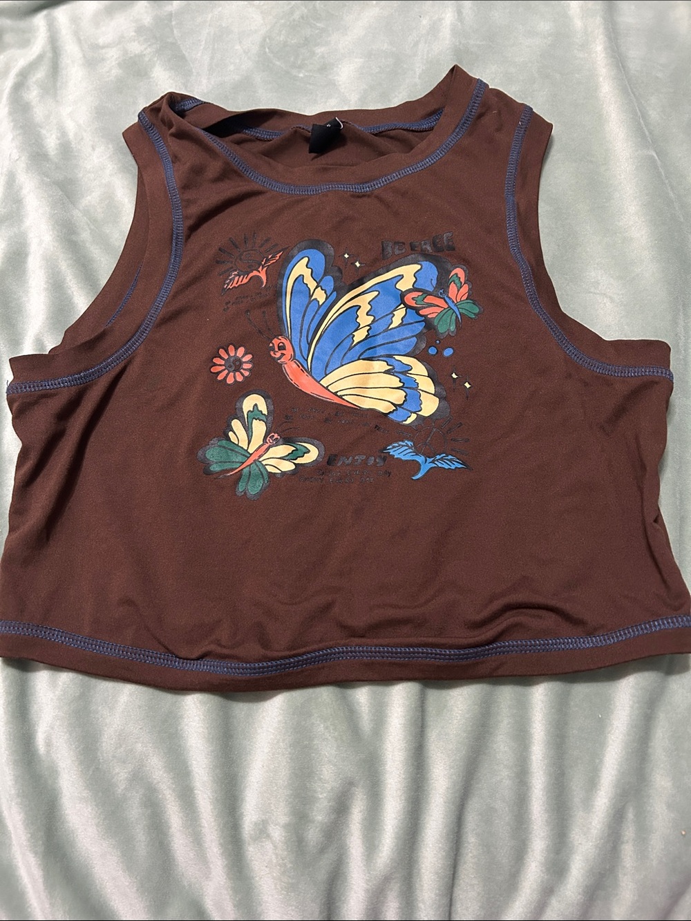 Cider Brown Butterfly Graphic Crop Tank with Blue Accent Stitching